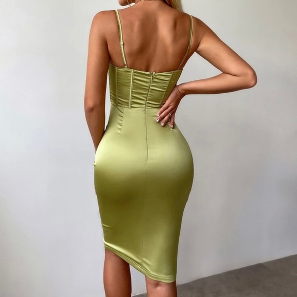 Light Chartreuse Corseted Satin Dress - Picture 3 of 3